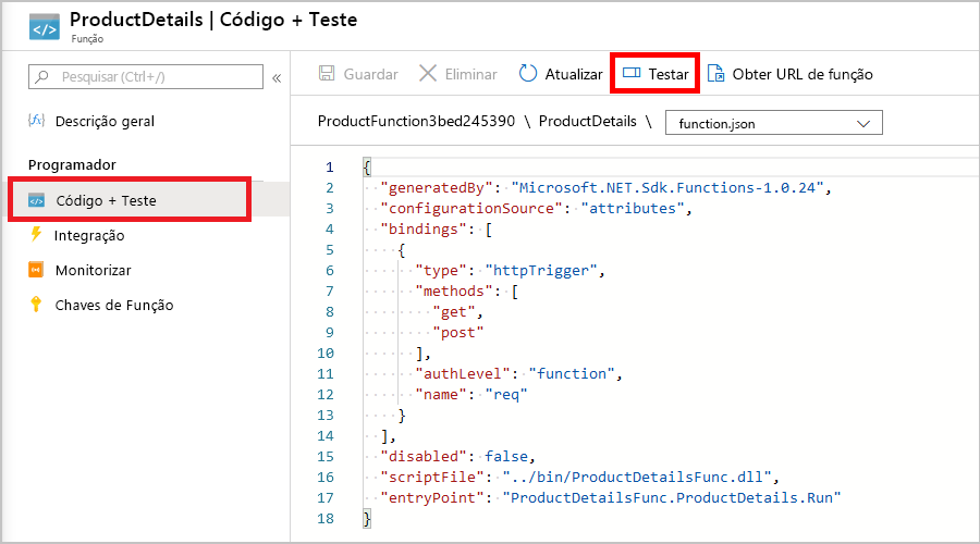 Screenshot of the ProductDetails Code and Test pane, with Test/Run selected in the command bar.