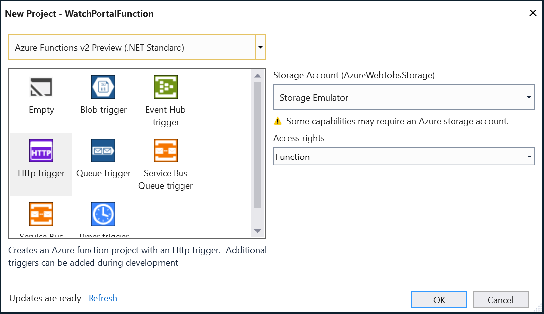 Captura de ecrã a mostrar os acionadores de Funções do Azure disponíveis, com o Acionador HTTP realçado.