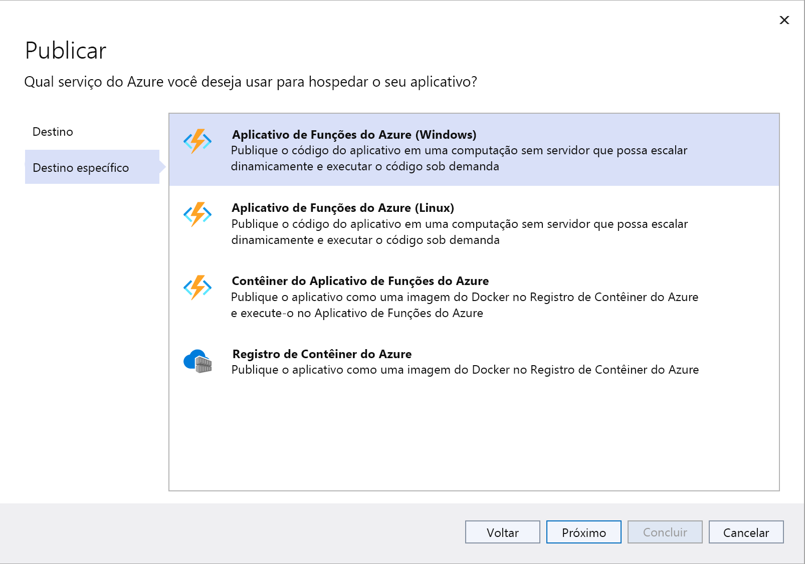 Captura de ecrã da janela Publicar destino específico com a opção Azure Function App (Windows) realçada.