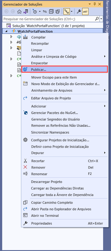 Captura de ecrã do Visual Studio, a mostrar a opção Publicar para o projeto WatchPortalFunctions.