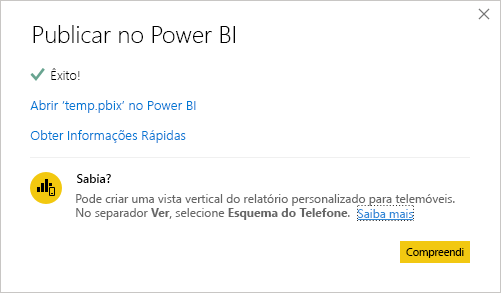 Captura de ecrã a mostrar a mensagem de êxito Publicar no Power BI.