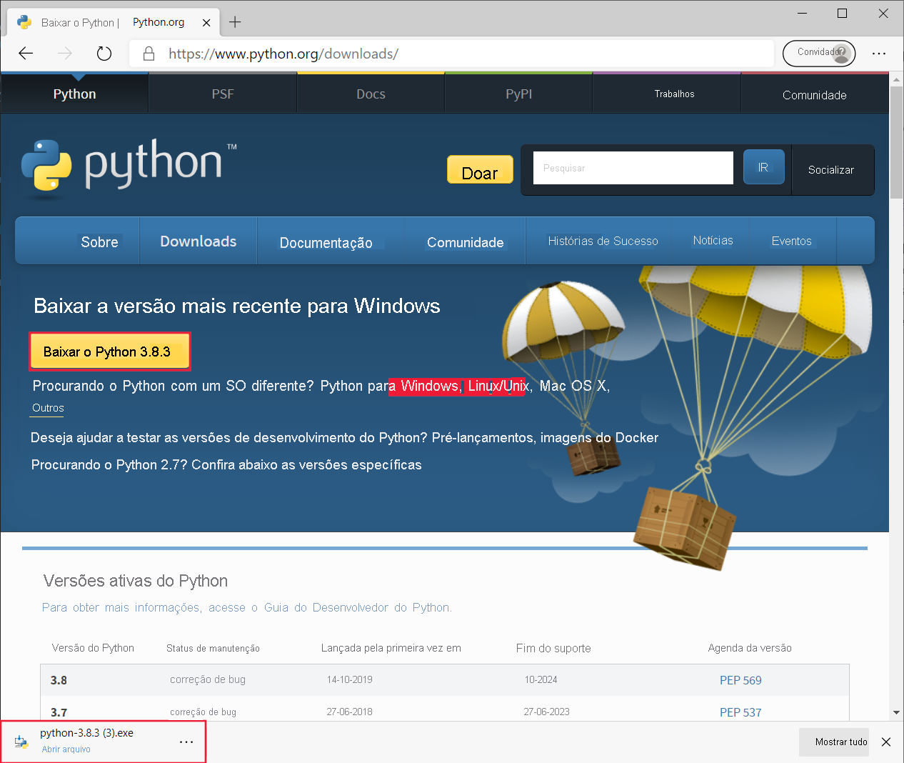 Screenshot of the Python download page on the Python website.