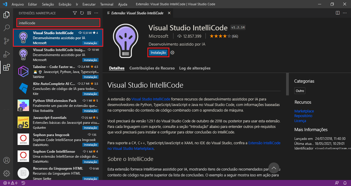 Screenshot of installing the Intellicode extension in Visual Studio Code.