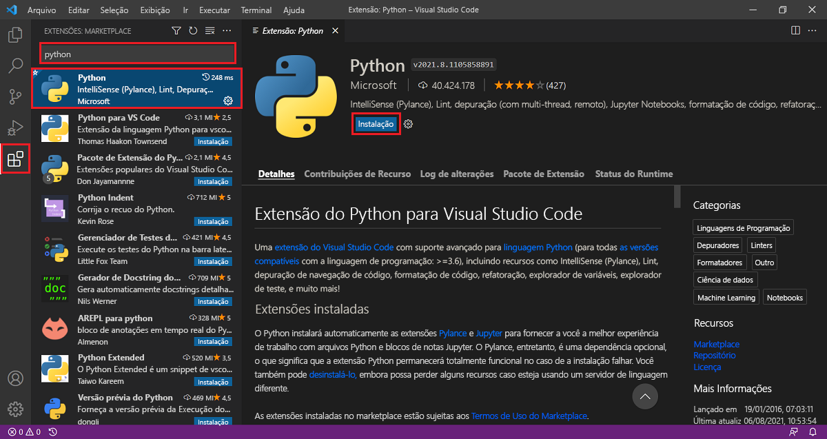 Screenshot showing the Python extension for Visual Studio Code.