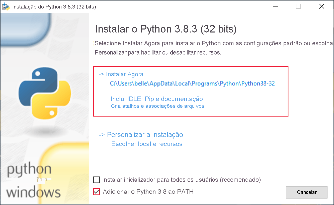 Screenshot of installation preferences dialogue box in the Python installation process.