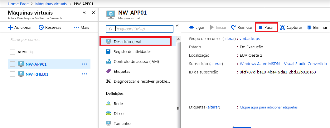 Screenshot that shows how to stop the VM.