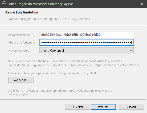 A screenshot of the Azure Log Analytics page in the Microsoft Monitoring Agent Setup Wizard. The administrator has entered the Workspace ID and Workspace key.