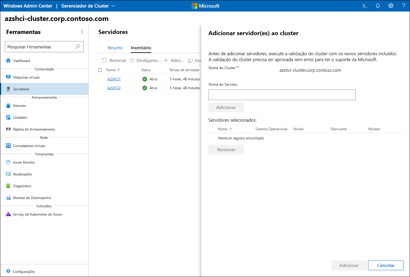 The screenshot depicts the Cluster Manager interface of Windows Admin Center displaying the Add server(s) to the cluster pane.