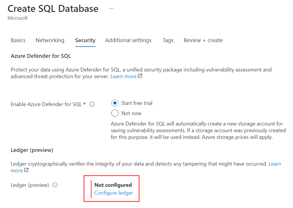  Screenshot that shows configuring a ledger on the Security tab of the Azure portal.
