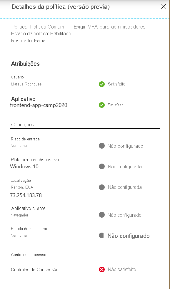 Captura de ecrã do ecrã Detalhes da política (pré-visualização) no acesso condicional do Microsoft Entra.