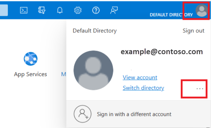 Screenshot of the top bar of the Azure screen, with the Account profile open and the ellipses highlighted.