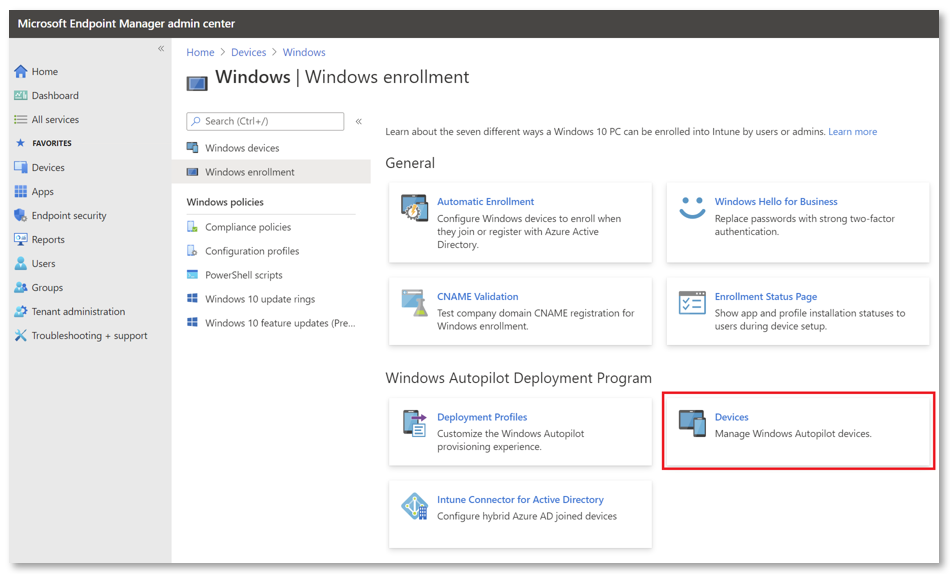 Captura de tela das seleções no centro de administração para importar dispositivos Windows Autopilot.