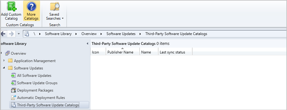 Screenshot do nó de catálogos de atualização de software de terceiros com o ícone Mais Catálogos na fita