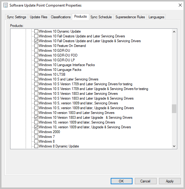 Windows 10 lista de produtos de motorista de versões