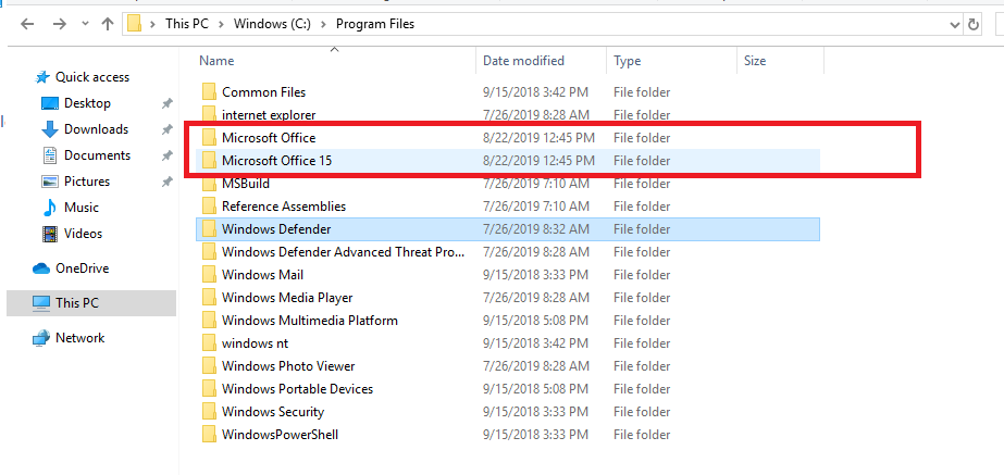 Office pacotes de instalação no diretório de ficheiros de programas