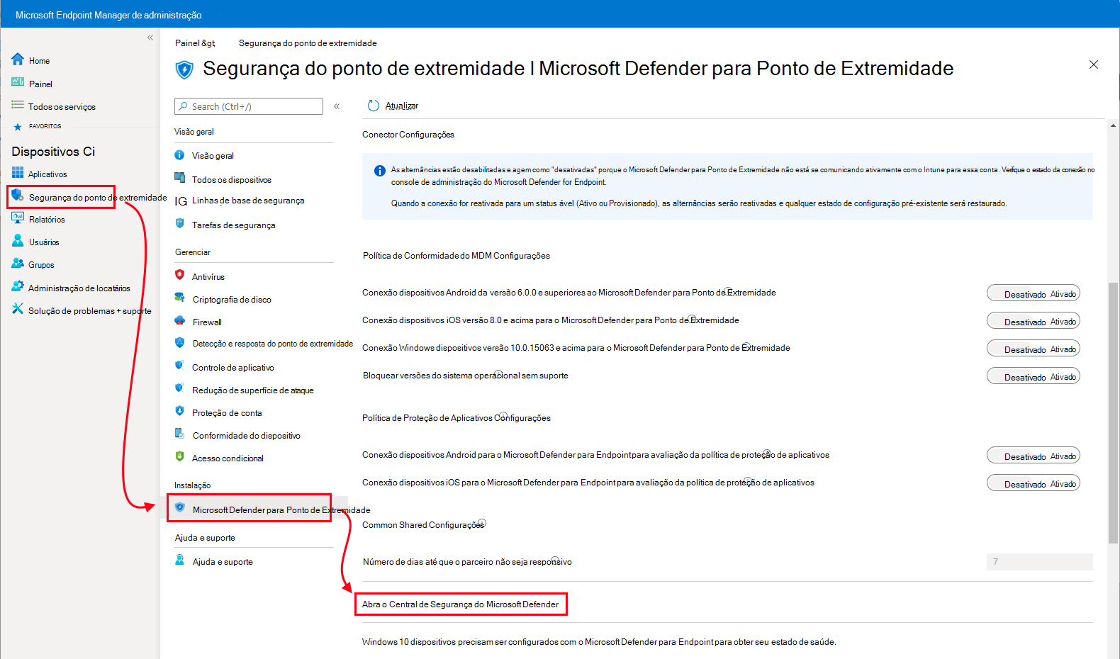 Imagem de ecrã que mostra o patch para abrir o Centro de Segurança do Microsoft Defender.