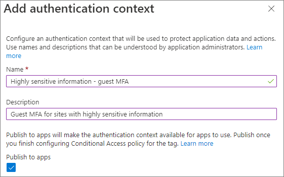 Captura de ecrã a mostrar a IU adicionar contexto de autenticação.