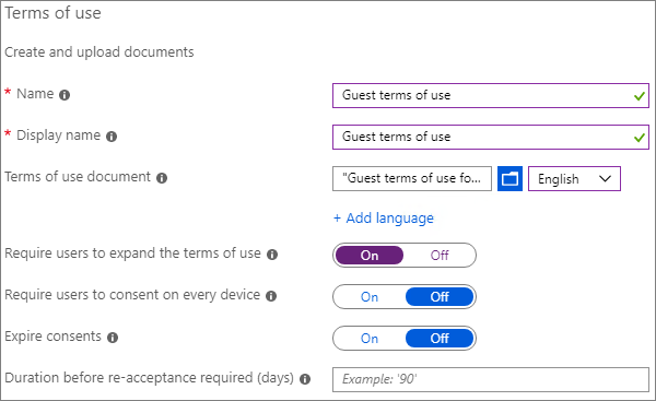 Captura de ecrã a mostrar Microsoft Entra novas definições de termos de utilização.