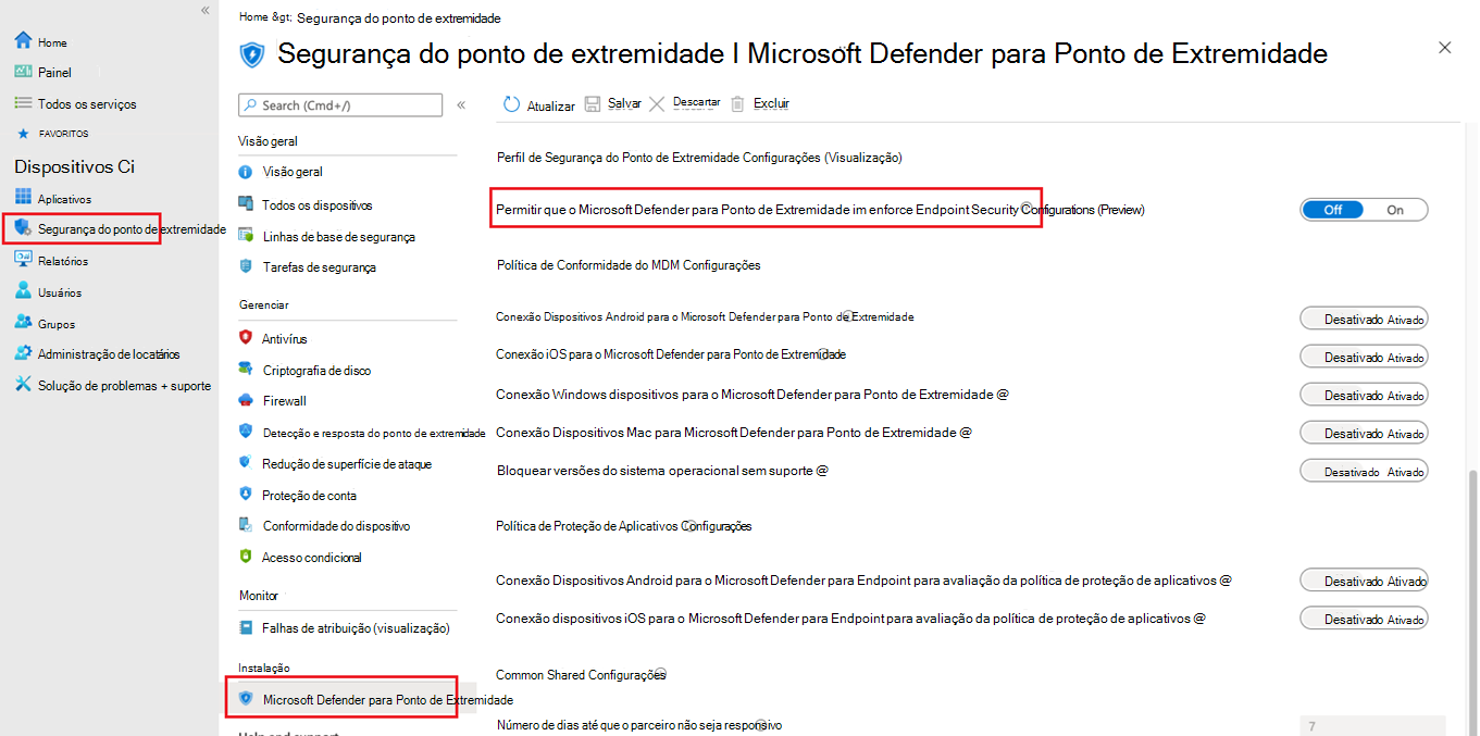 Ative Microsoft Defender para Endpoint gestão de definições no Microsoft Endpoint Manager de administração.