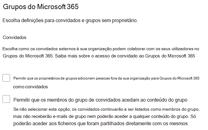 Captura de ecrã a mostrar Grupos do Microsoft 365 definições de partilha no centro de administração do Microsoft 365.