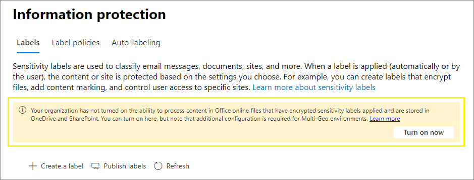 Ative o botão Agora para ativar as etiquetas de sensibilidade para Office Online.