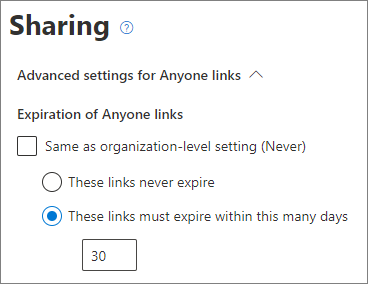 Captura de ecrã a mostrar as definições de expiração da ligação Qualquer pessoa ao nível do site do SharePoint.