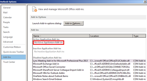 Captura de ecrã a mostrar que não existem suplementos ativados no Outlook.