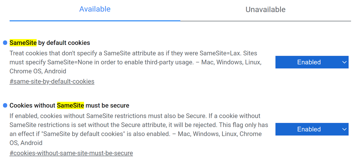 Captura de ecrã para ativar as configurações do SameSite no Chrome.