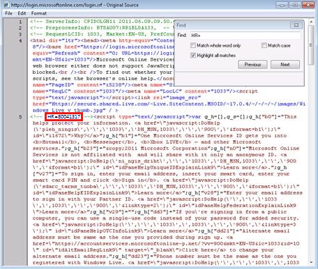 Captura de ecrã para procurar o código fonte da cadeia HR = .