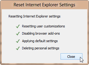Captura de ecrã da opção fechar na janela Repor Definições do Internet Explorer.