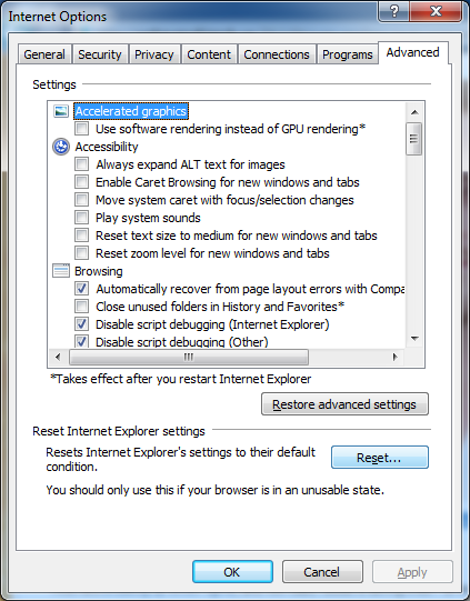 Captura de ecrã do botão Repor no separador Avançadas das Opções da Internet.