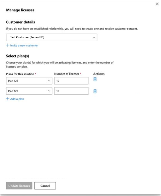 Captura de ecrã que mostra o formulário Gerir licenças.