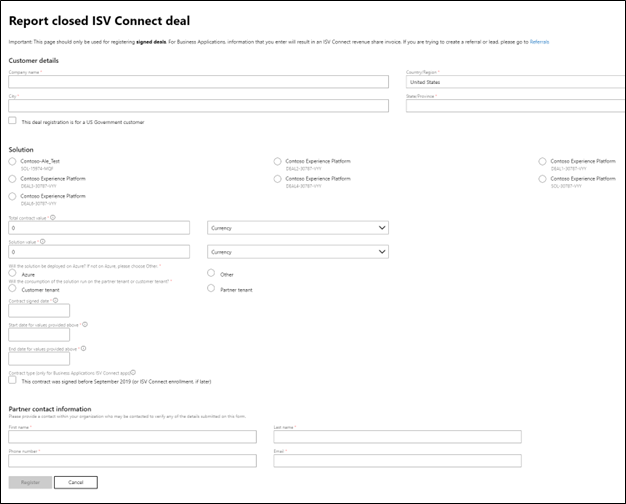 Captura de tela que mostra o formulário onde você pode inserir informações para relatar um negócio de ISV fechado.