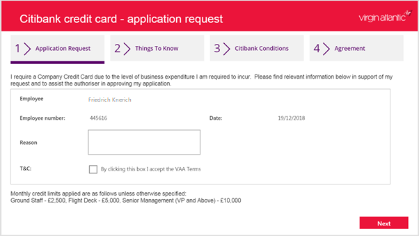 Captura de ecrã da aplicação de pedido de cartão de crédito da Virgin Atlantic.