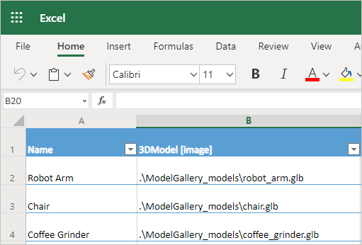 {Uma captura de ecrã de uma tabela do Excel com colunas para o nome de um modelo 3D e o caminho para o ficheiro de objeto.}