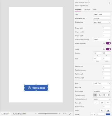 Uma captura de ecrã do botão Ver a forma no MR junto às respetivas propriedades no Power Apps Studio.