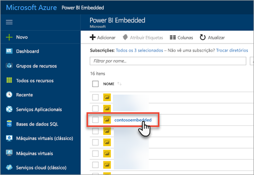 Screenshot of Power BI Embedded capacity list in Azure portal.