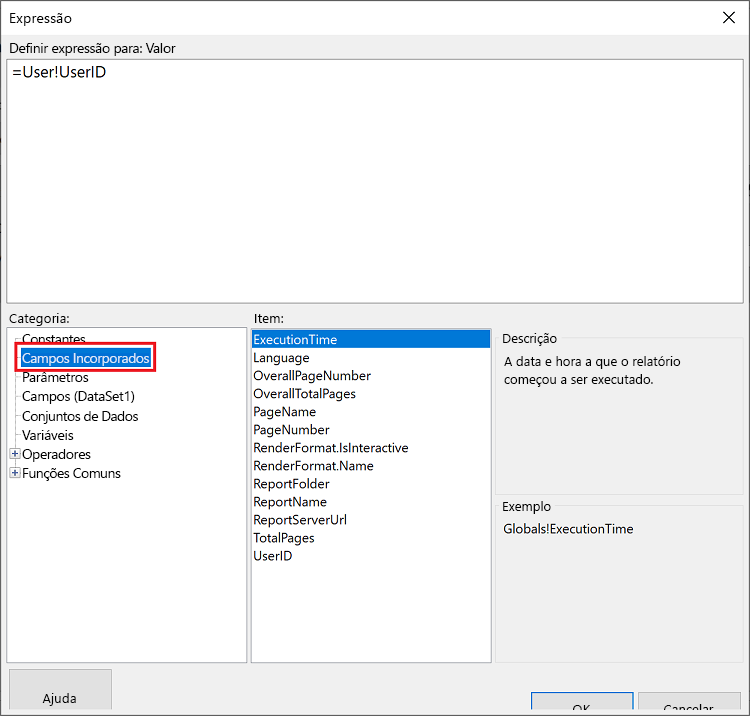 Screenshot shows the Expression window with Built-in Fields selected as Category and ExecutionTime selected as Item.