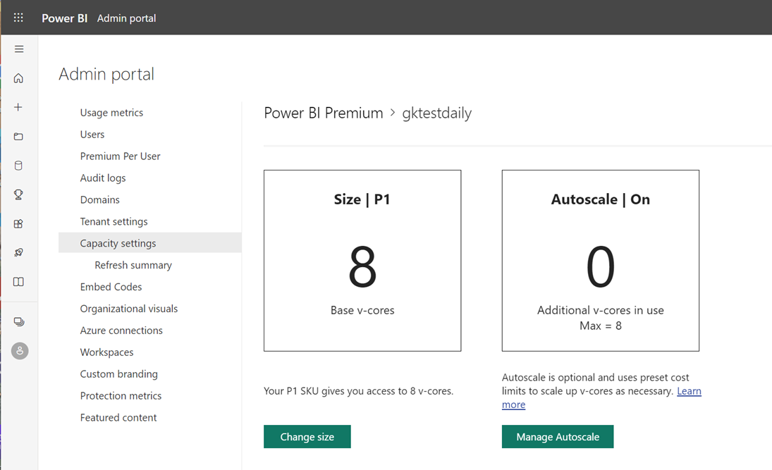 Captura de ecrã do ecrã do portal de Administração do Power BI a mostrar as definições de capacidade P1.