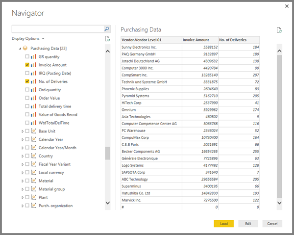 Captura de ecrã de uma pré-visualização da tabela SAP no ecrã Navegador.