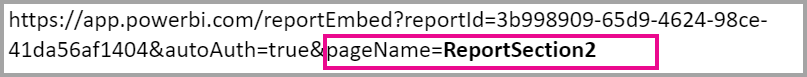 Captura de ecrã a mostrar Anexar a definição pageName ao URL com pageName=ReportSection 2 realçado.