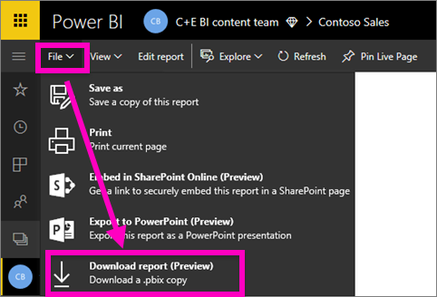 Uma captura de ecrã do menu de ficheiros no serviço Power BI, com a opção 'Transferir um ficheiro PBIX' realçada.