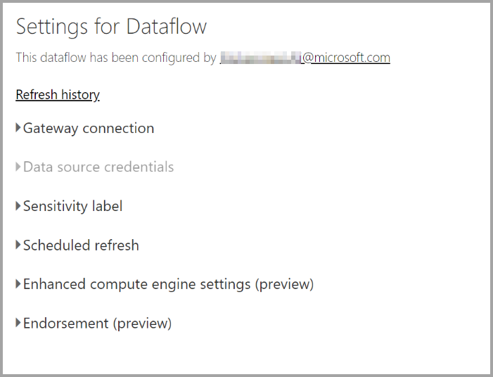 Captura de tela da página Configurações de um fluxo de dados depois de selecionar Configurações na lista suspensa de fluxo de dados.