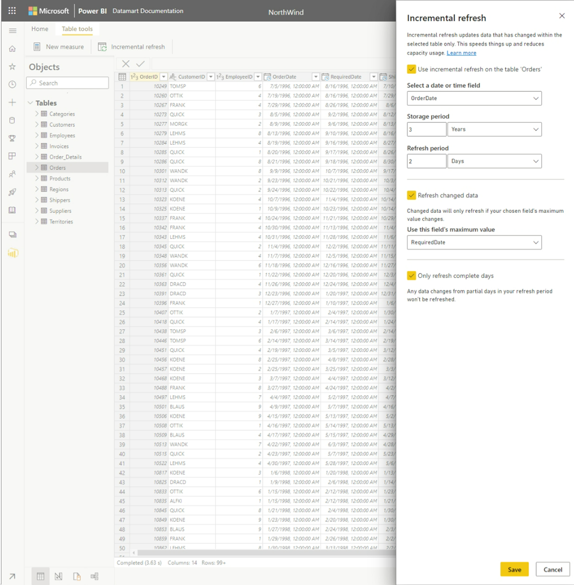 Captura de tela da configuração da atualização incremental para uma tabela em um datamart.