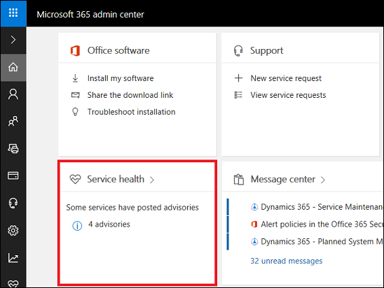 Dashboard do estado de funcionamento do serviço do centro de administração do Microsoft 365.