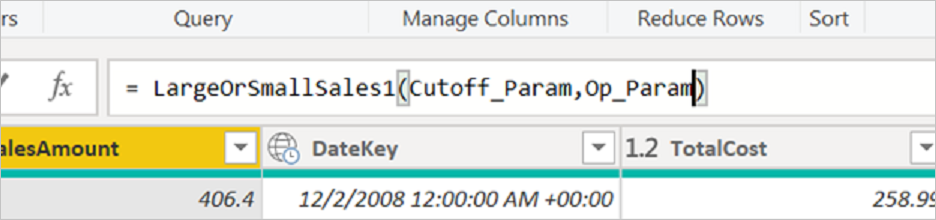 Captura de tela com a função LargeOrSmallSales, com ênfase nos parâmetros Cutoff_Param e Op_Param na barra de fórmulas.