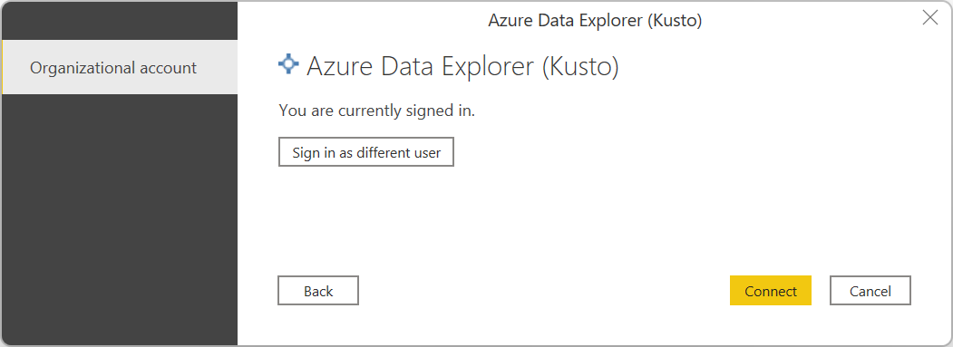 Captura de ecrã da caixa de diálogo de início de sessão do Azure Data Explorer, com a conta organizacional pronta para iniciar sessão.