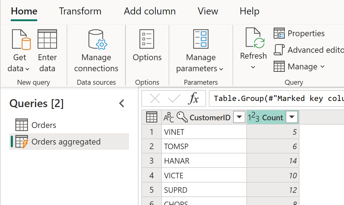 Captura de ecrã da tabela Encomendas agregadas com a coluna Cliente realçada.