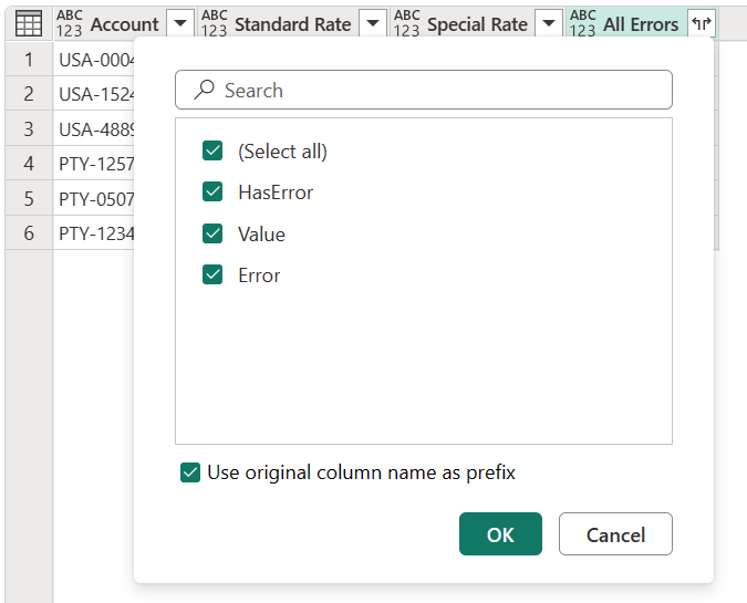 Captura de ecrã da coluna Todos os Erros com o ícone de expansão realçado e as caixas HasError, Value e Error selecionadas.