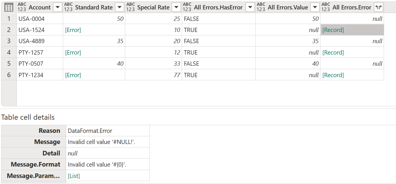 Captura de ecrã da tabela com os novos campos em colunas, com um valor All.Errors.Error selecionado e mostrando as mensagens de erro na parte inferior da tabela.